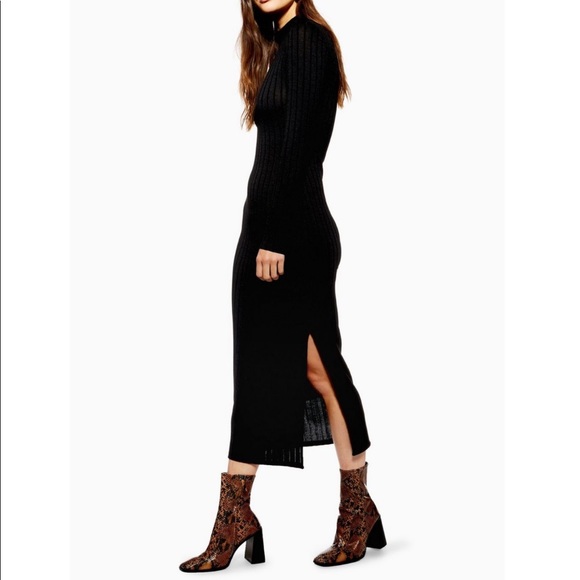 high neck rib maxi dress with long sleeves